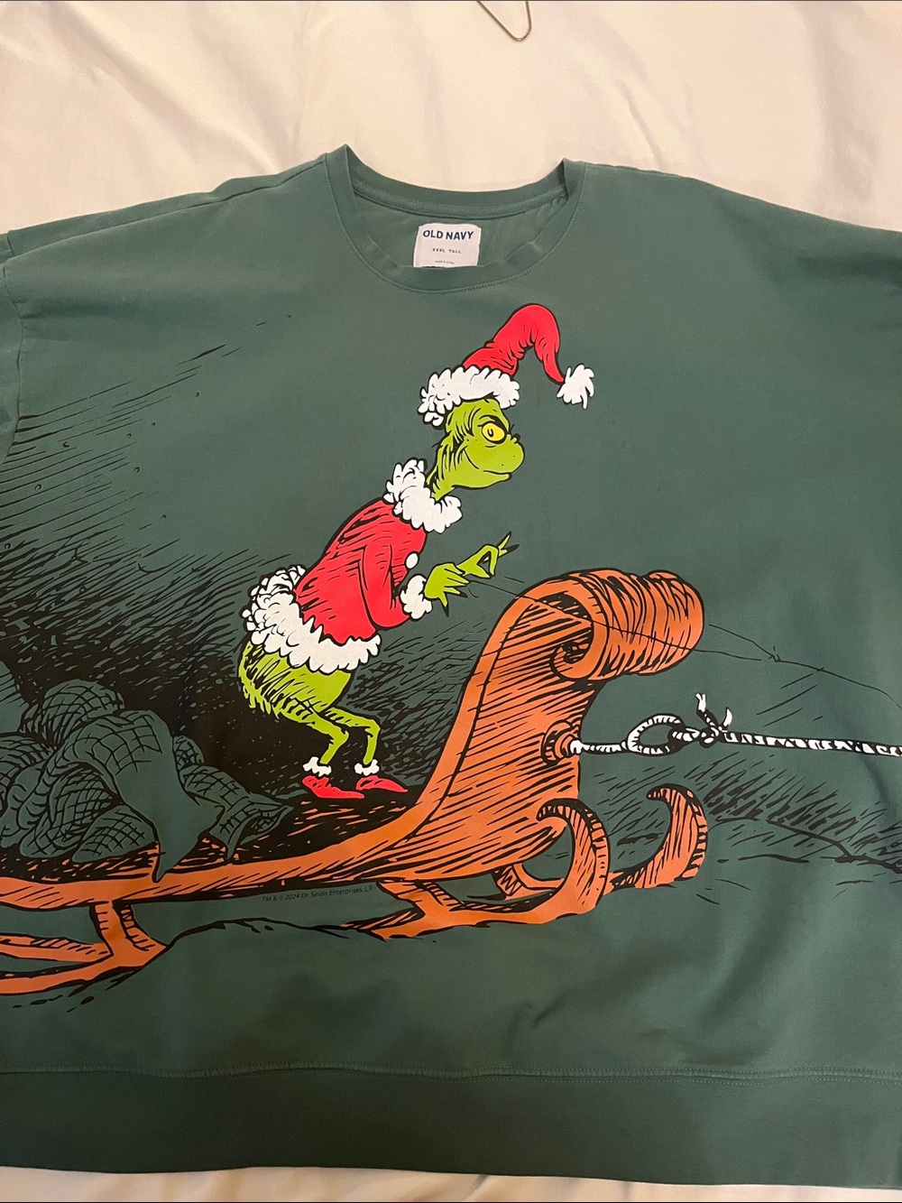 Old Navy Green Grinch Sleigh Graphic Crewneck